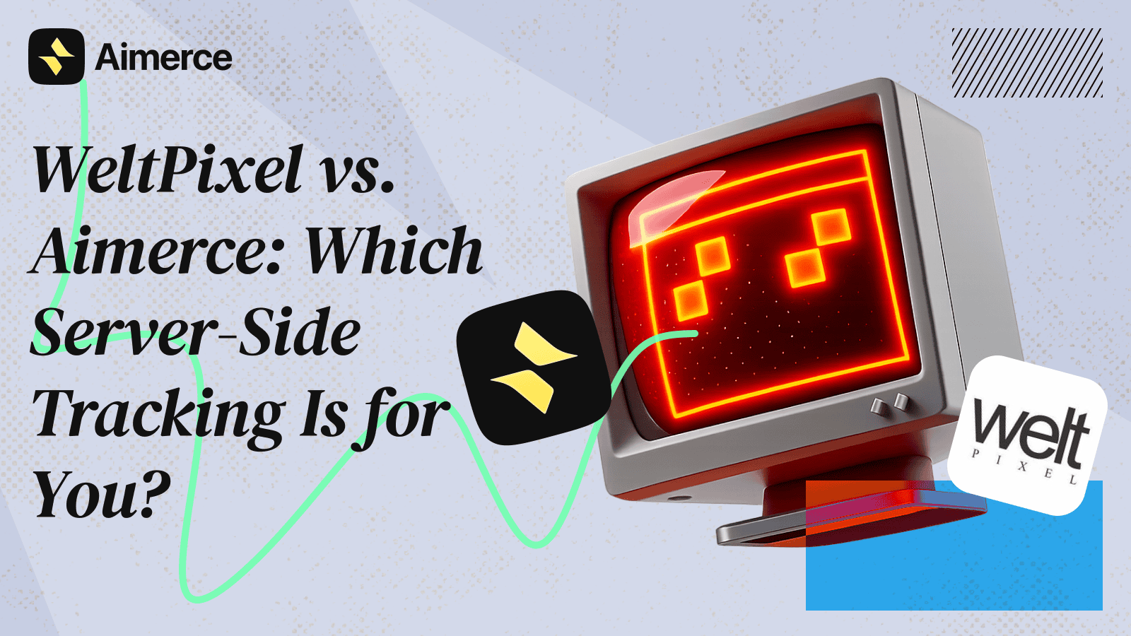 A cover image of Aimerce's blog with the title "WeltPixel vs. Aimerce: Which Server-Side Tracking Is for You?" featuring Aimerce's logo and and WeltPixel's logo, and a computer.