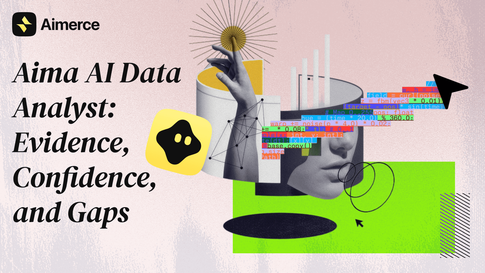 A cover image of Aimerce blog titled "Aima AI Data Analyst: Evidence, Confidence, and Gaps"