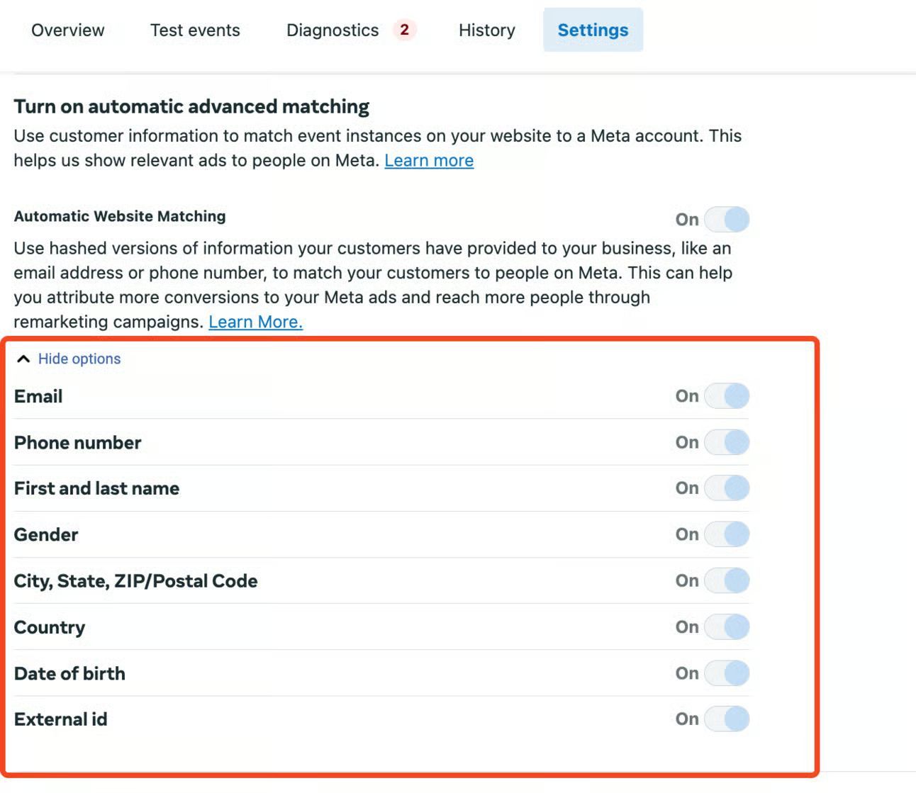 Automatic Advanced Matching setting in Meta Events Manager pixel settings