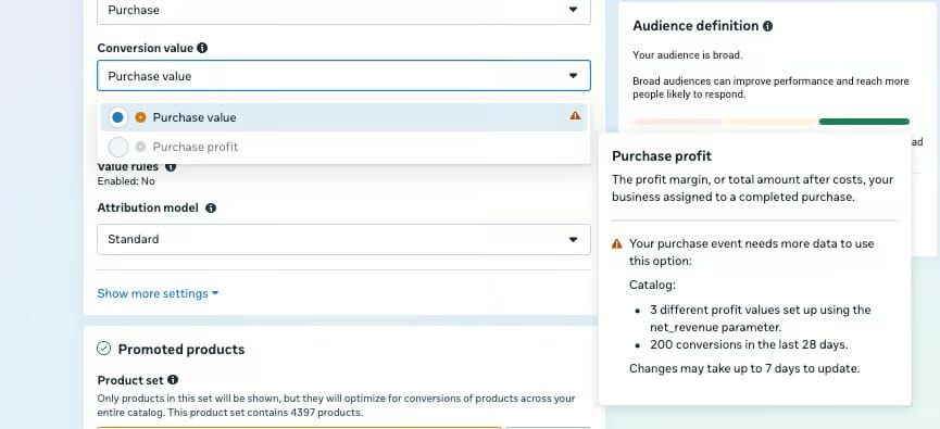Conversion value dropdown in Meta Ads Manager showing Profit grayed out with a warning icon before an account qualifies