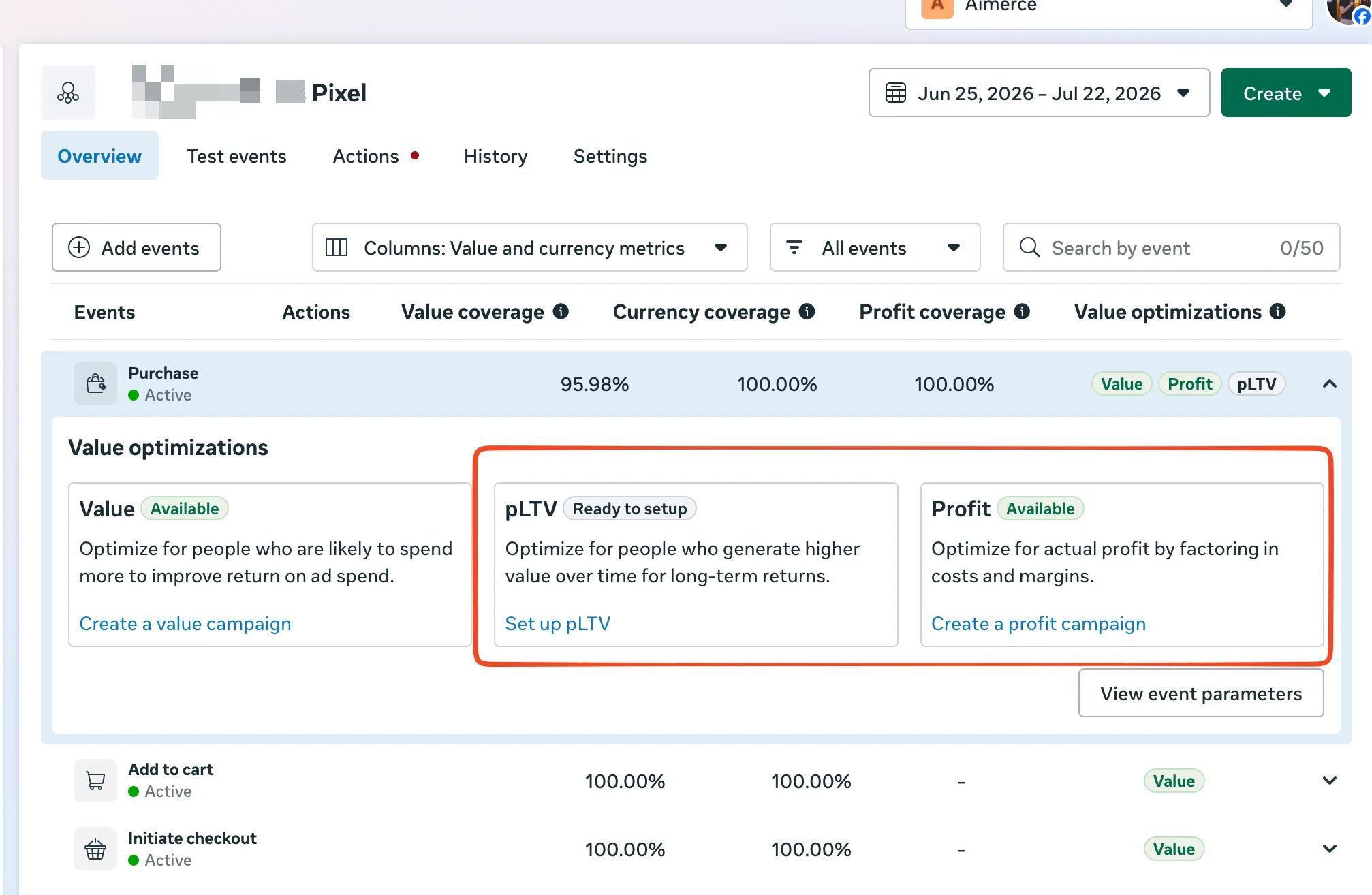 Meta's Profit and pLTV optimization options next to standard Value optimization