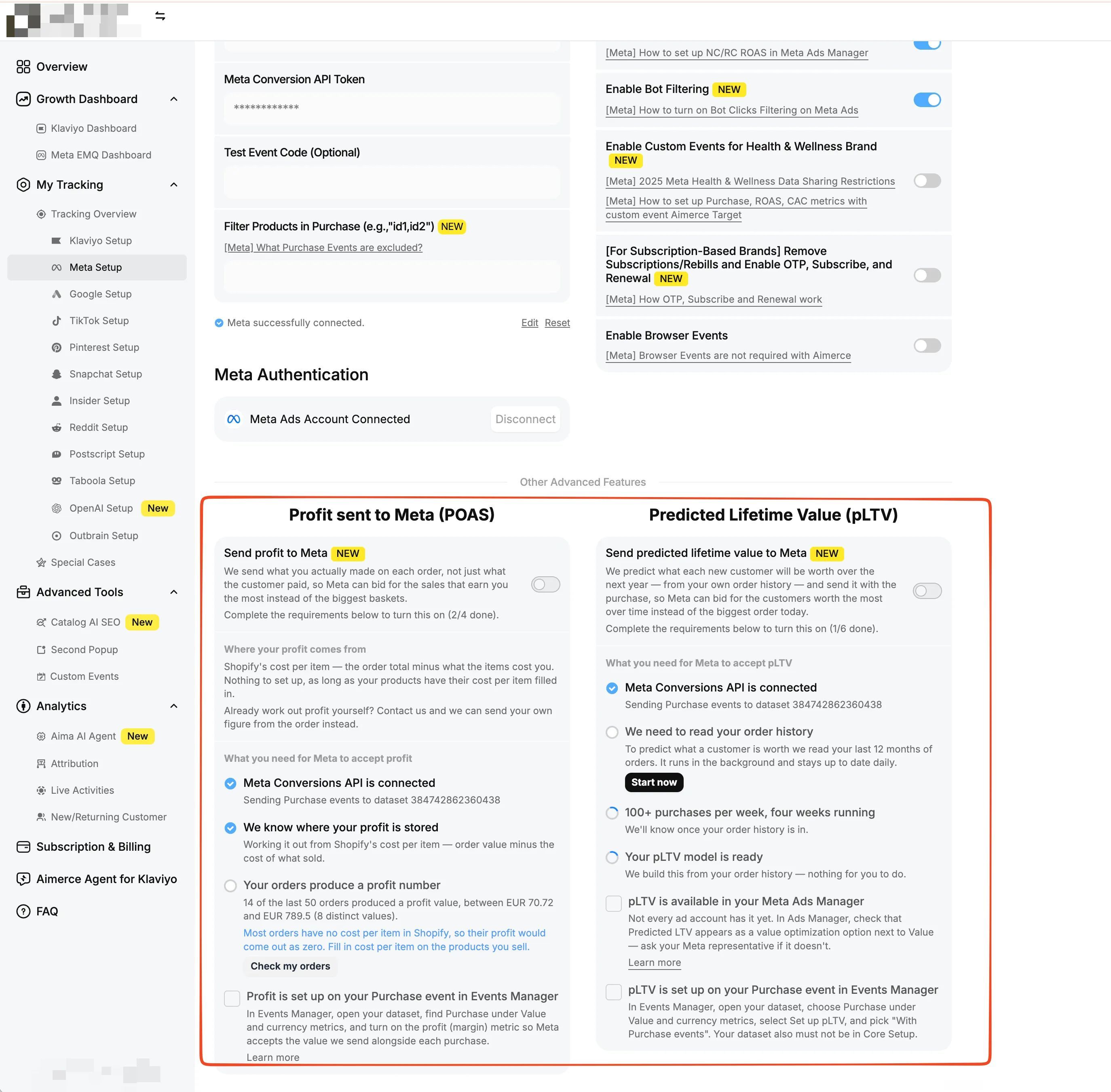 Profit and pLTV settings under Advanced Tools in the Aimerce dashboard
