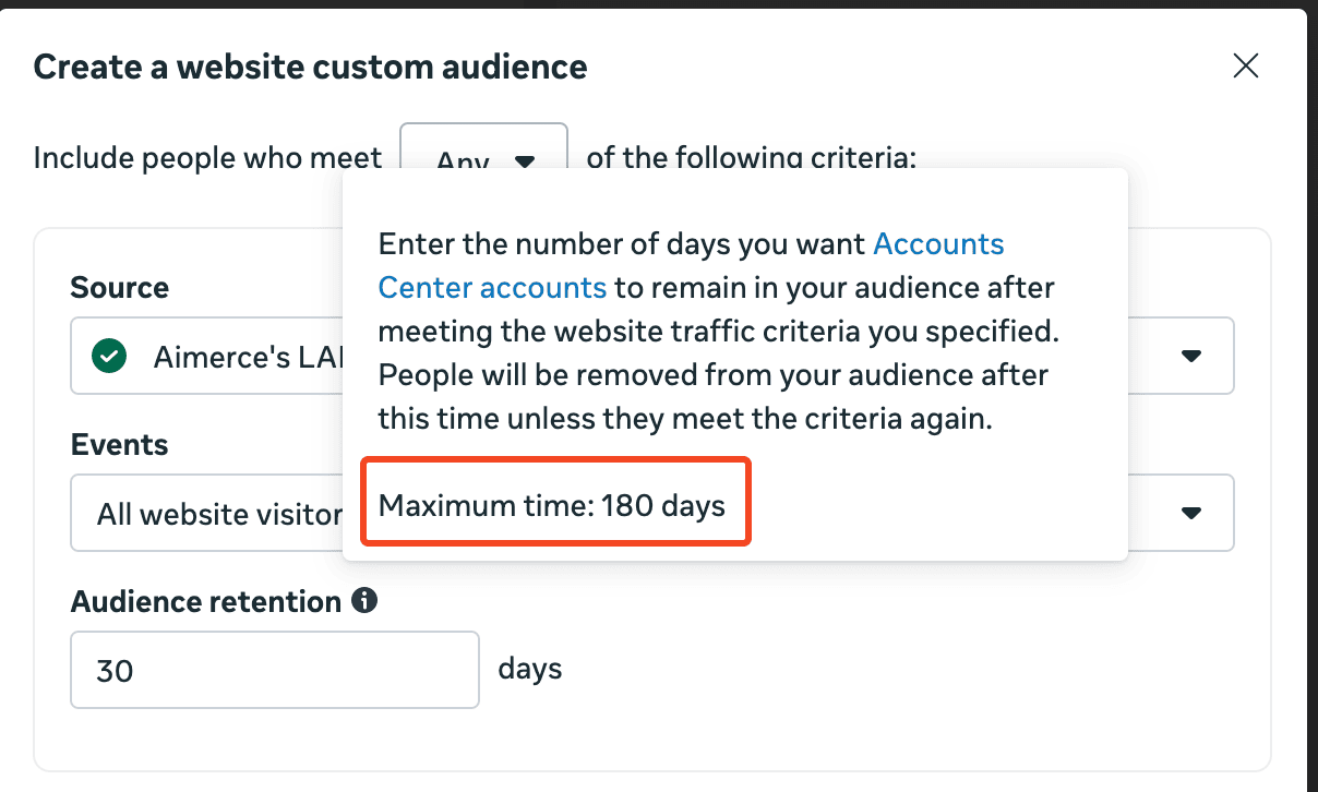 Audience retention on Meta up to 180 days