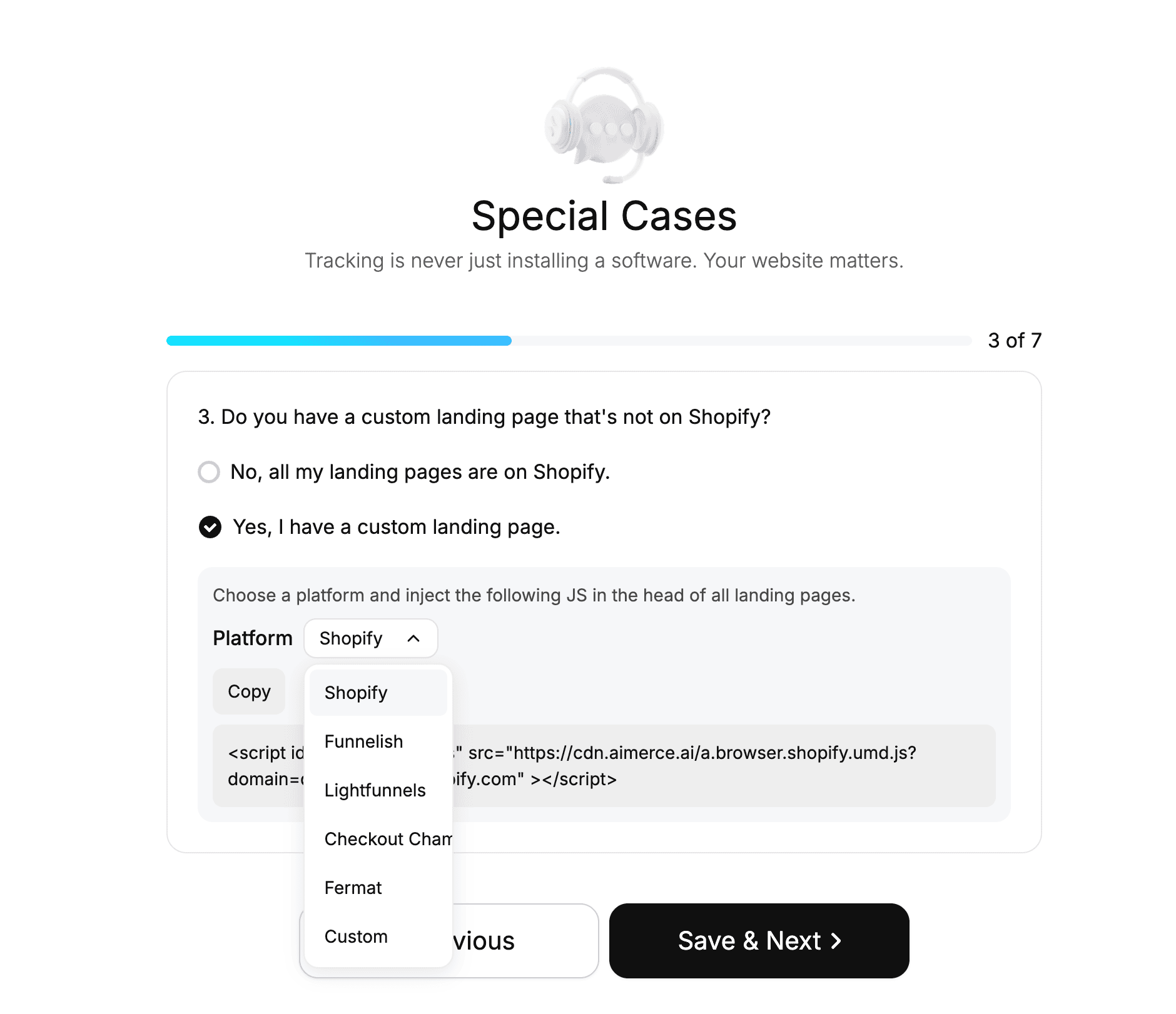 Custom ad landing page platform options for Shopify tracking pixel setup, including Funnelish, Lightfunnels, and Checkout Champ
