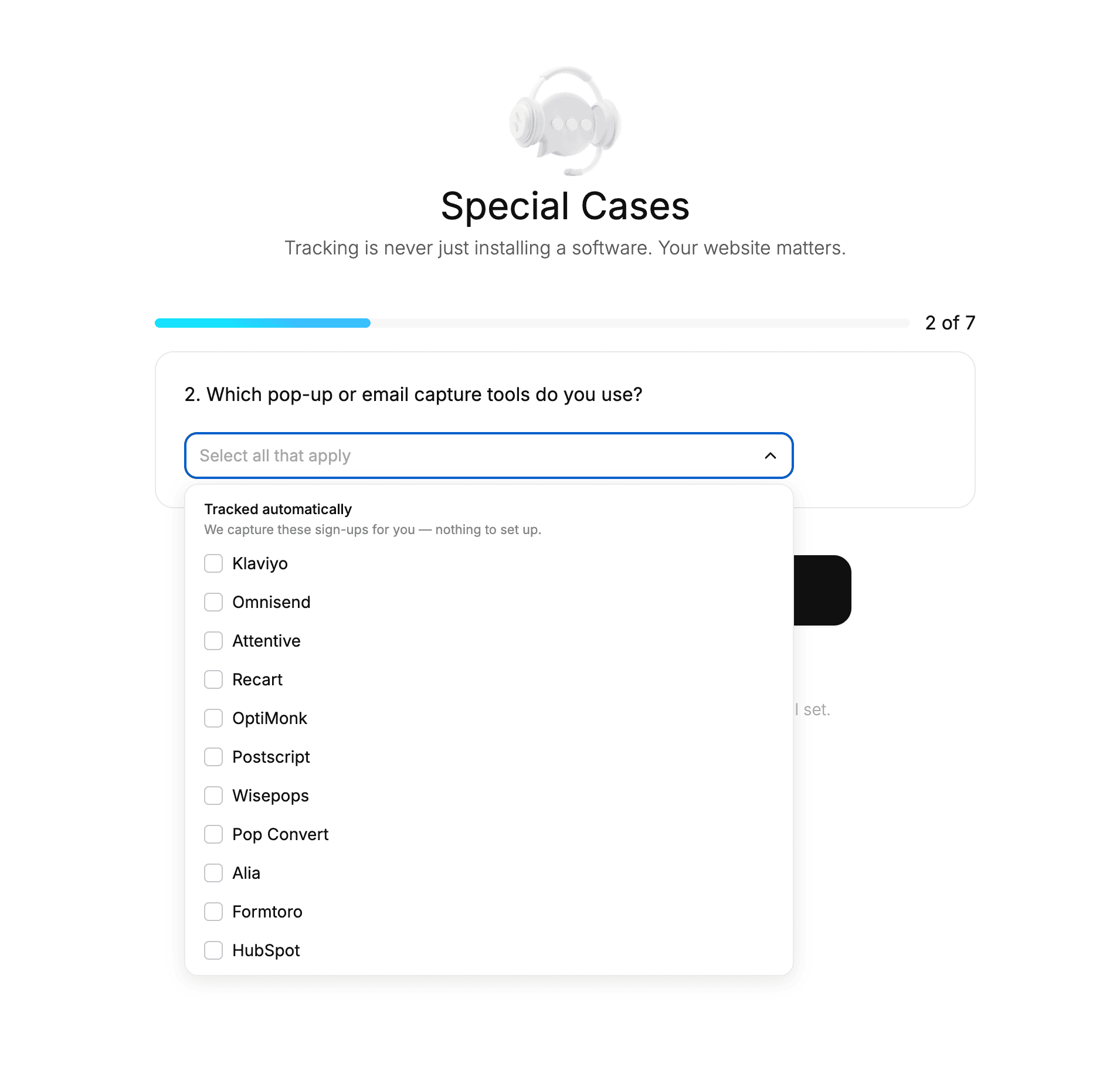 Email popup and capture platforms tracked automatically for Shopify server side tracking, including Klaviyo and Omnisend