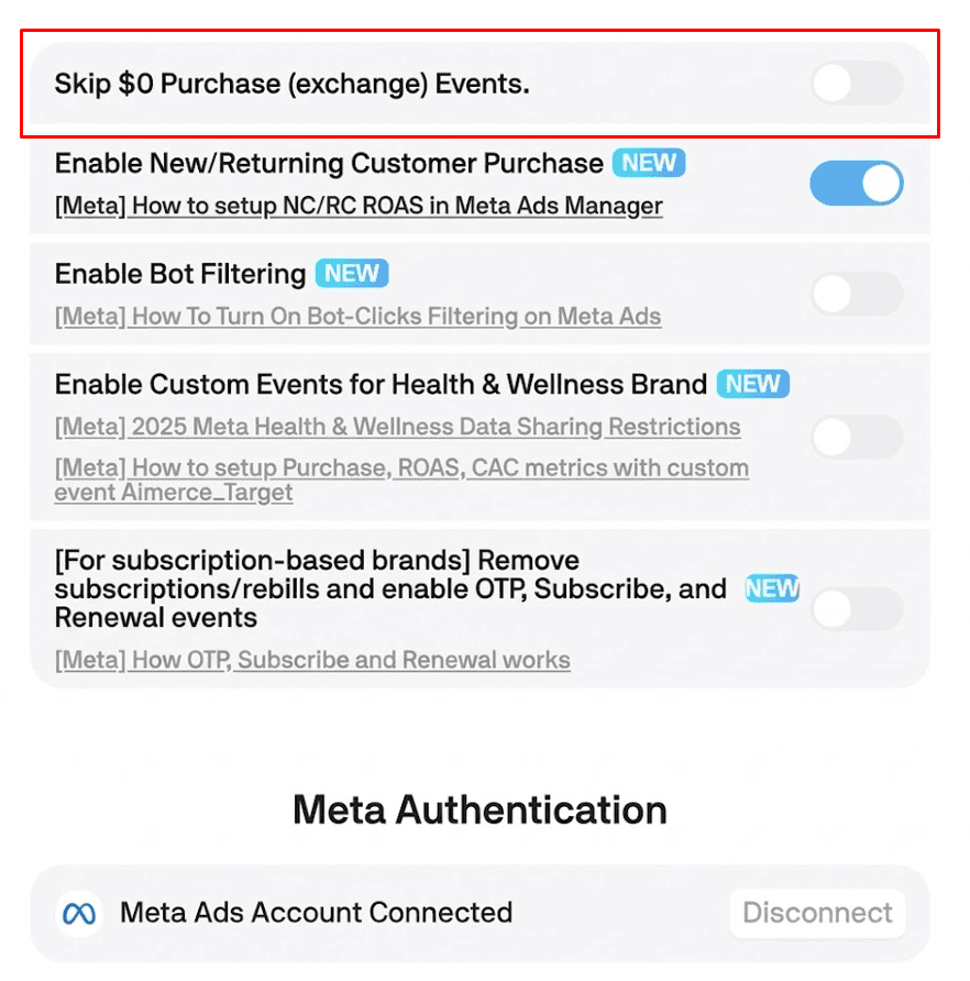 Aimerce settings for keeping subscription renewals and $0 exchange orders out of Meta purchase events
