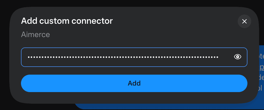 Meta Muse modal window titled 'Add custom connector' with a password field for pasting the Aimerce connector key