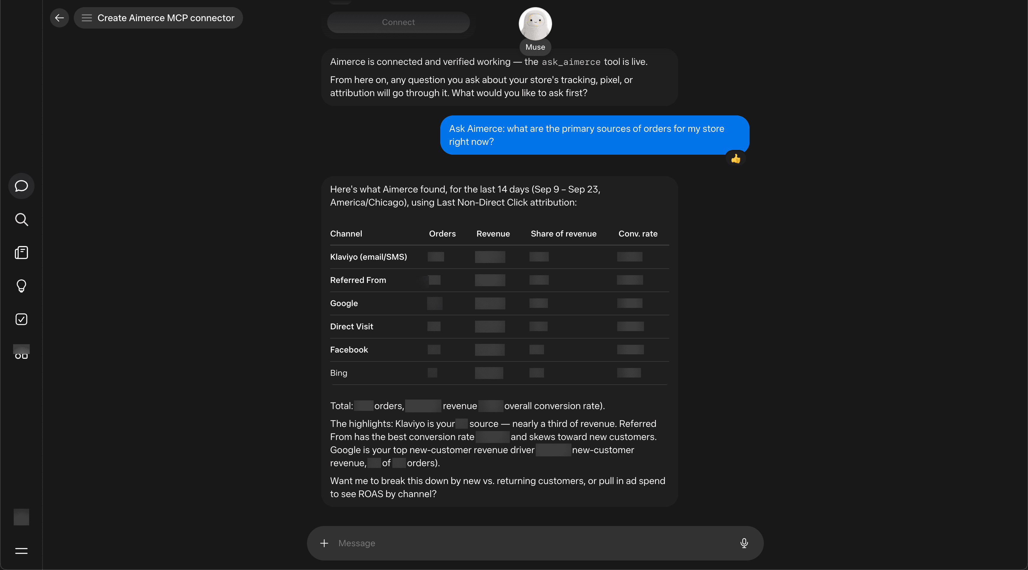 Meta Muse chat window displaying a data table response powered by Aima's ask_aimerce tool