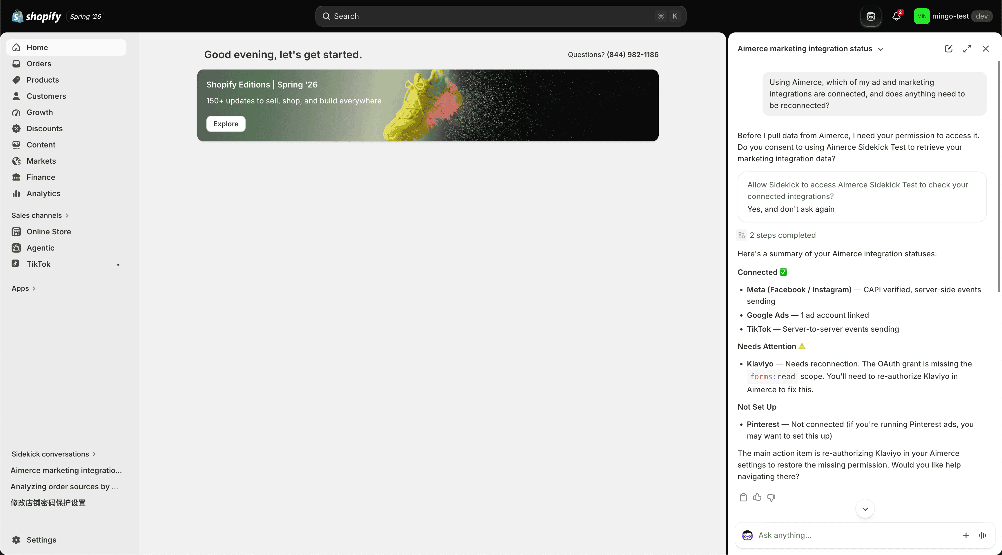Shopify Sidekick chat window displaying Aima's diagnostic summary of marketing integrations, listing connected platforms, platforms needing attention like Klaviyo, and platforms not yet set up.
