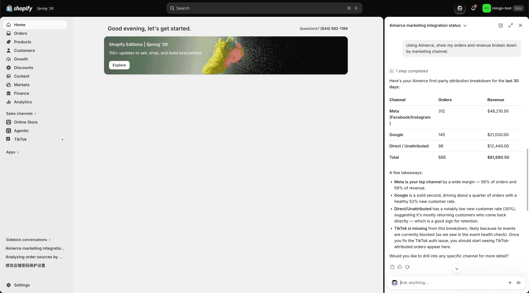 Shopify admin dashboard with the Sidekick chat window open, showing Aima generating a first-party attribution breakdown of orders and revenue by marketing channels like Meta and Google.