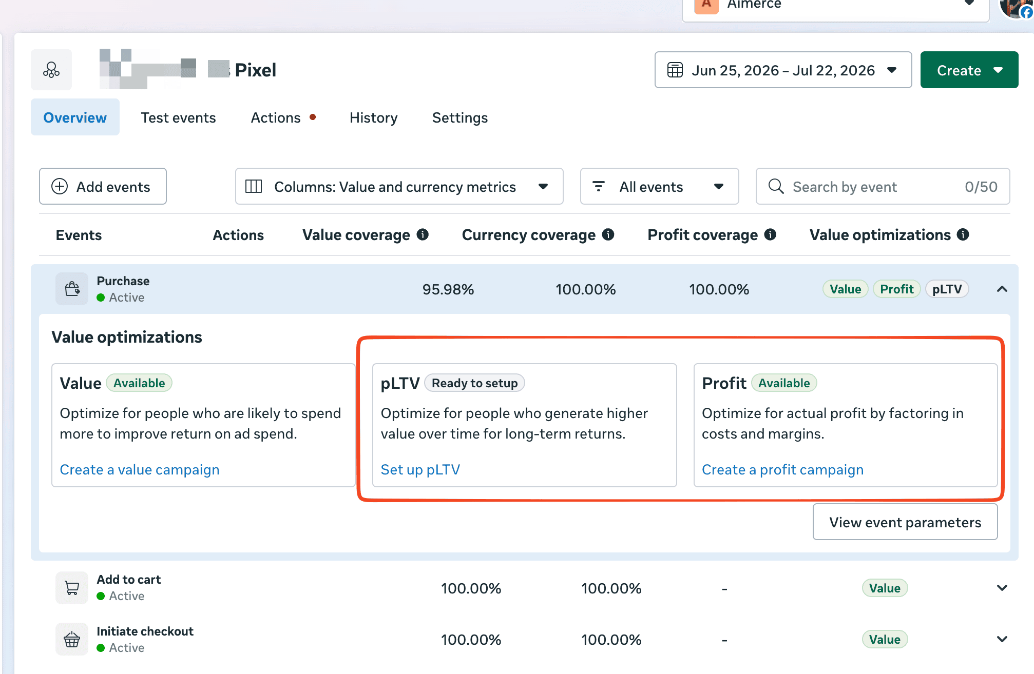 Meta Ads Manager screenshot highlighting pLTV and Profit optimization options for the Purchase event.