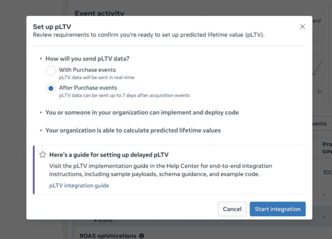 Meta setup screen for delayed pLTV integration after Purchase events.