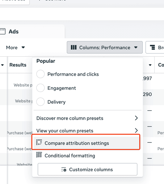 Compare attribution settings in Meta Ads Manager showing 7-day click, 1-day engage-through, and 1-day view next to new and returning customer columns