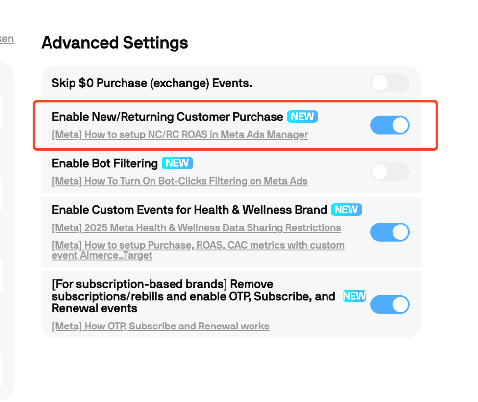 The Enable New/Returning Customer Purchase setting in the Aimerce dashboard, with the column setup guide linked below it