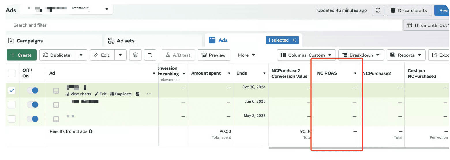 New-customer purchases, NC ROAS, and cost per new-customer purchase as separate columns in Meta Ads Manager