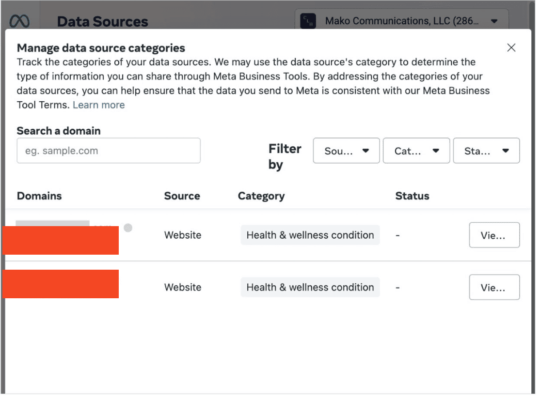 Screenshot of Meta Events Manager interface