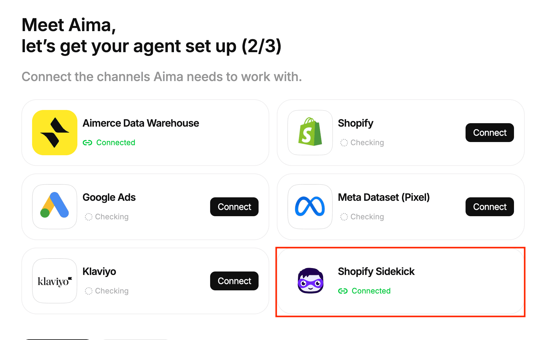 A screenshot of Aima agent setup screen within the Aimerce app, with a highlighted box showing that the Shopify Sidekick integration is successfully connected.
