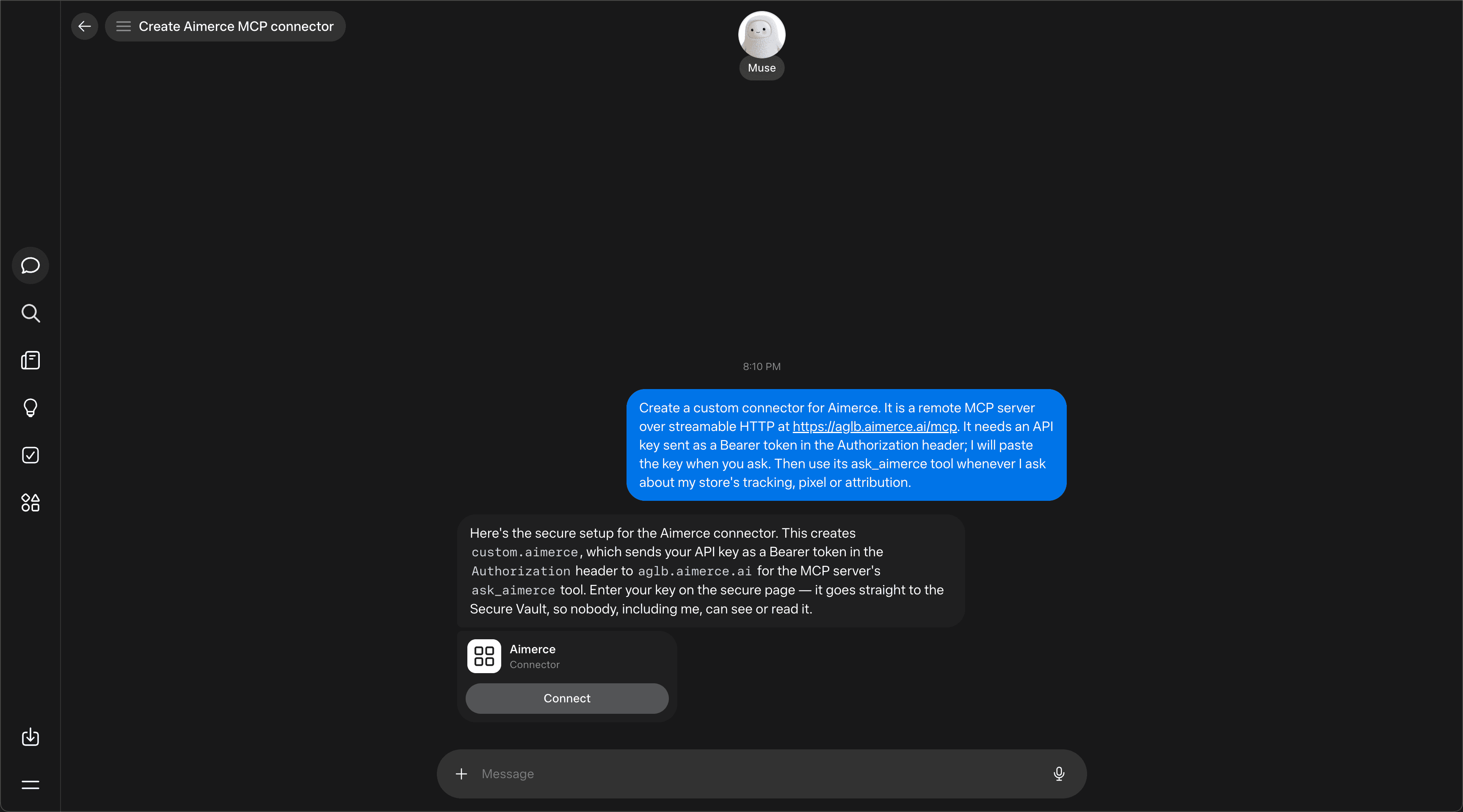 Meta Muse chat interface showing the Aimerce setup message and a custom connector widget prompt