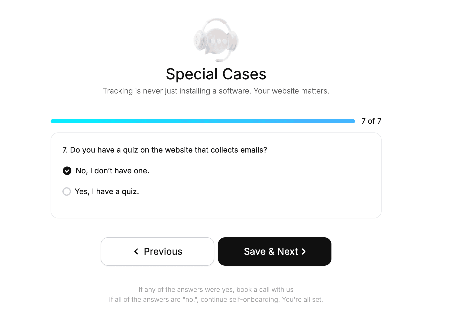 Shopify onboarding step asking whether a quiz collects email for lead capture tracking setup